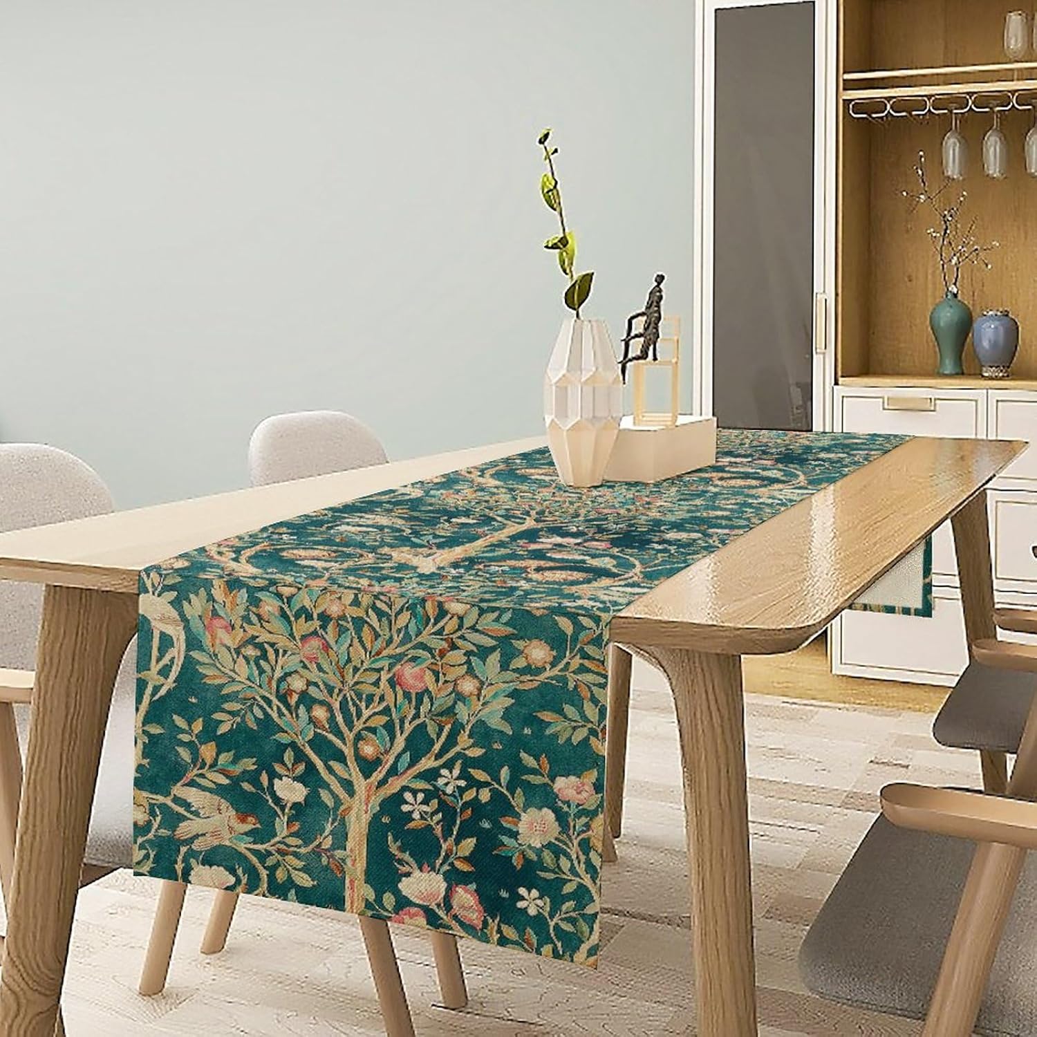 Art Craft William Morris - ウィリアム・モリス グリーン ボタニカルテーブルランナー - アート＆クラフト ヴィンテージ花柄プリントテーブルカバー