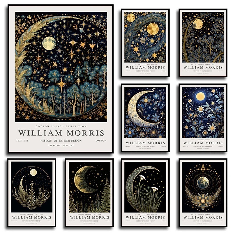 Art Craft William Morris - 月と星のビンテージポスター,ウィリアムモリスのポスター,キャンバスの絵画,壁の芸術,部屋の星空の写真,家の装飾