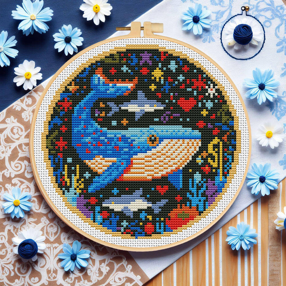 Art Craft And Cloth - DIY クロスステッチクジラ刺繍動物フープエントリーレベル針アートクラフトセット縫製用品デスクトップ装飾ギフト