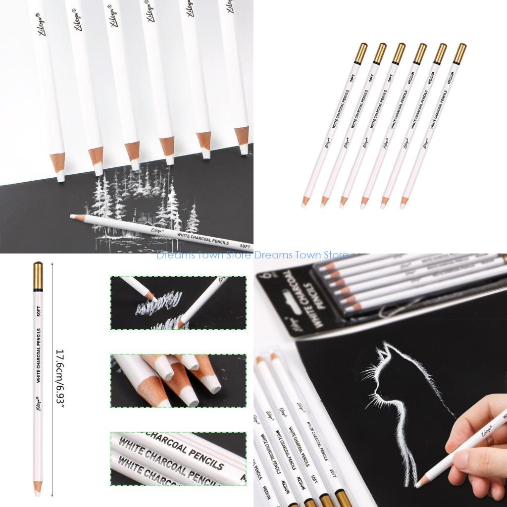 Sketching Charcoal Set - HX6A 6 本ポータブルプロアーティスト白木炭鉛筆セット濃い色の紙のスケッチシェーディングの描画に最適色付きボール紙