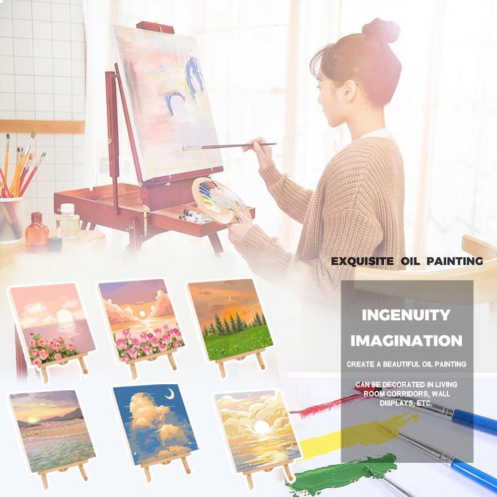 Art Craft And Cloth - 大人と子供のためのDIYペイントバイナンバーズキット、6種類の風景油絵セット（ミニイーゼル、ブラシ付き）、数字で描くアートクラフト
