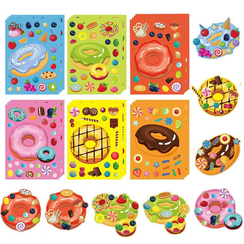 Art Craft 5 Year Old - 子供向けの顔型ドーナツステッカー、オリジナルデザートステッカーを作ろう、ミックスマッチスイーツ、フルーツDIYアートクラフト、子供向けギフト