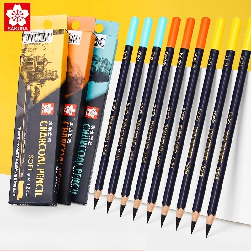 さくら木炭鉛筆スケッチソフトミディアムハードカーボン鉛筆セッ - Sketching Charcoal Set のレビューと価格