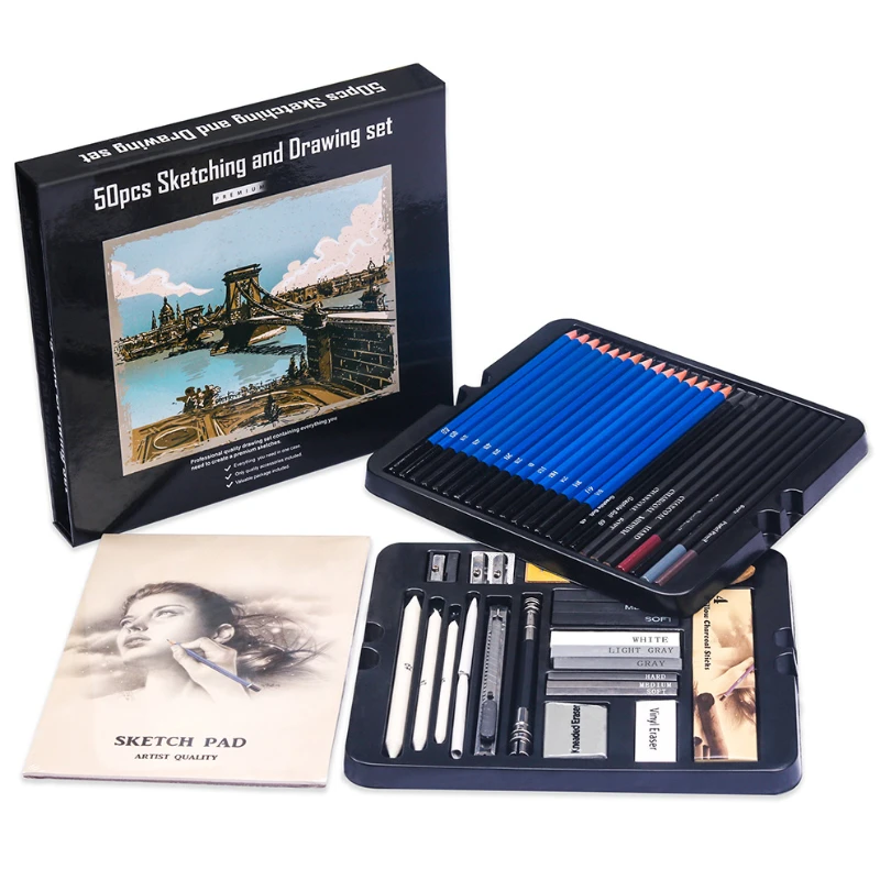 50 個スケッチ鉛筆セット木製鉛筆アーティスト初心者プロの描 - Sketching Charcoal Set のレビューと価格