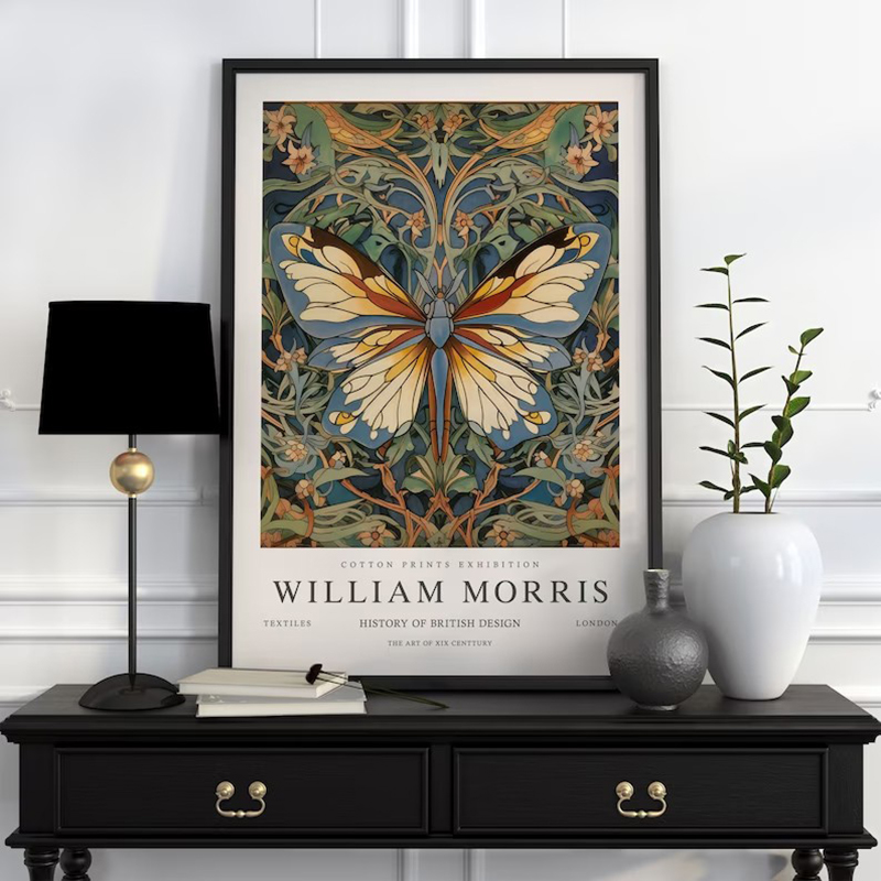 ヴィンテージウィリアムモリス展示キャンバス絵画、蝶、月と星の - Art Craft William Morris のレビューと価格